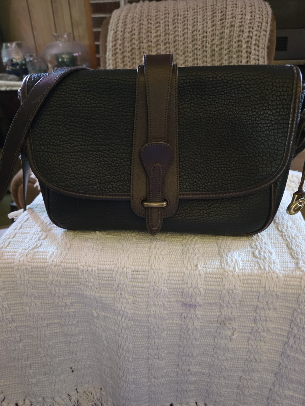Pebbled Leather Crossbody Bag in Dark Green with Brown Trim